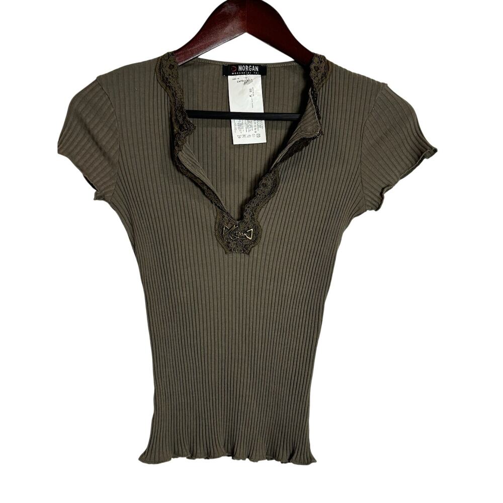VTG Y2K Morgan De Toi Designer Label Green Tee Fitted Ribbed Lace Embellished
